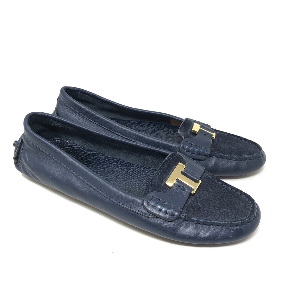 Tory Burch Womens 7M Casey Driving Loafer‎ Navy Blue Leather Gold T Hardware